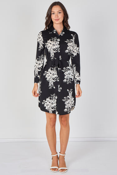 Love Sunshine Black Ivory Bouquet Print Belted Shirt Dress Brunch Dress Casual Dress Dress with Pockets Dresses Everyday Dress Long Sleeve Dress LS-5026 Workwear Dress