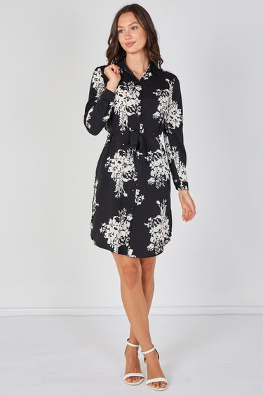 Love Sunshine Black Ivory Bouquet Print Belted Shirt Dress Brunch Dress Casual Dress Dress with Pockets Dresses Everyday Dress Long Sleeve Dress LS-5026 Workwear Dress