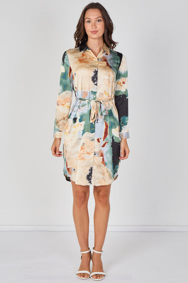 Love Sunshine Teal Watercolour Marble Print Belted Shirt Dress Brunch Dress Casual Dress Dress with Pockets Dresses Everyday Dress Long Sleeve Dress LS-5026 Workwear Dress