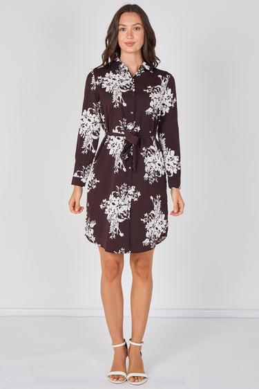 Love Sunshine Chocolate Ivory Bouquet Print Belted Shirt Dress Brunch Dress Casual Dress Dress with Pockets Dresses Everyday Dress Long Sleeve Dress LS-5026 Workwear Dress