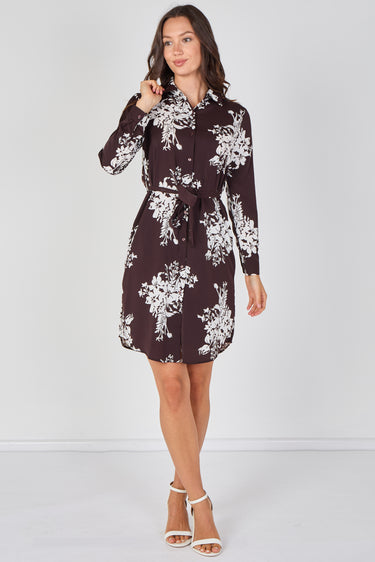 Love Sunshine Chocolate Ivory Bouquet Print Belted Shirt Dress Brunch Dress Casual Dress Dress with Pockets Dresses Everyday Dress Long Sleeve Dress LS-5026 Workwear Dress