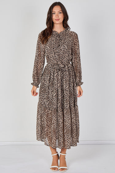 Love Sunshine Grey Leopard Print Chiffon Belted Maxi Dress Dresses Garden Party Dress Holiday Dress Leopard Print Dress Long Sleeve Dress LS-2512 Wedding Guest Dress