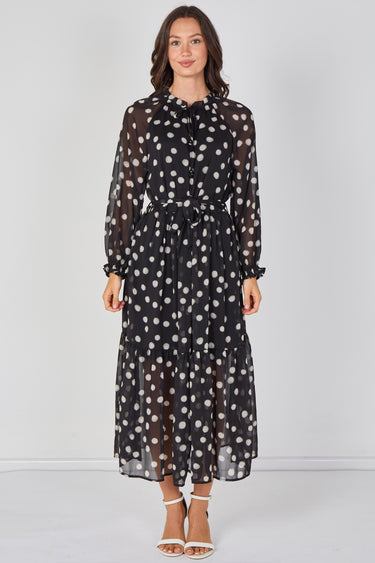 Love Sunshine Black Polka Dot Chiffon Belted Maxi Dress Dresses Garden Party Dress Holiday Dress Long Sleeve Dress LS-2512 Wedding Guest Dress