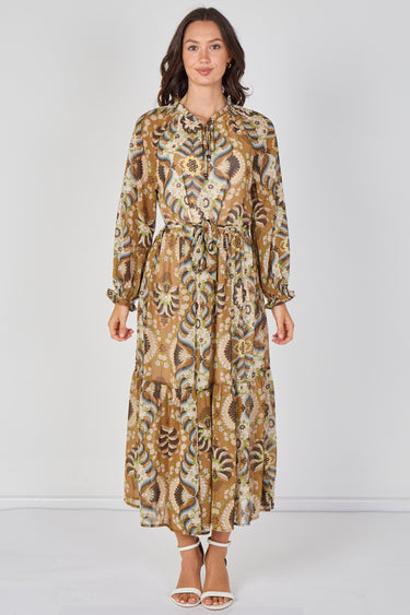 Love Sunshine Tan Paisley Chiffon Belted Maxi Dress Dresses Garden Party Dress Holiday Dress Long Sleeve Dress LS-2512 Wedding Guest Dress