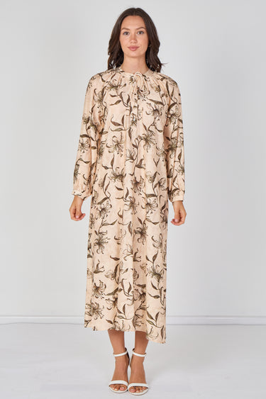 Love Sunshine Beige Lily Print Maxi Dress Dresses Garden Party Dress Holiday Dress Leopard Print Dress Long Sleeve Dress LS-2512 Wedding Guest Dress
