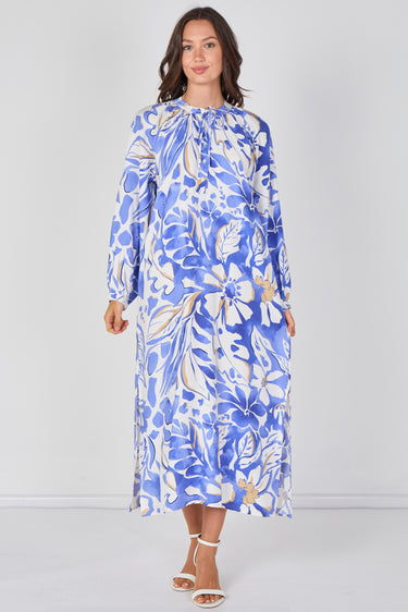 Love Sunshine Blue Tropical Leaf Print Maxi Dress Dresses Garden Party Dress Holiday Dress Leopard Print Dress Long Sleeve Dress LS-2512 Wedding Guest Dress