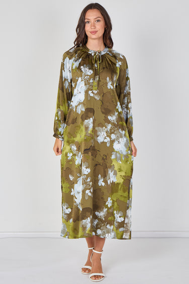 Love Sunshine Khaki Watercolour Floral Luxury Satin Maxi Dress Dresses Garden Party Dress Holiday Dress Leopard Print Dress Long Sleeve Dress LS-2512 Wedding Guest Dress