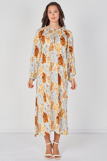 Love Sunshine Blue and Rust Moroccan Print Maxi Dress Dresses Garden Party Dress Holiday Dress Leopard Print Dress Long Sleeve Dress LS-2512 Wedding Guest Dress
