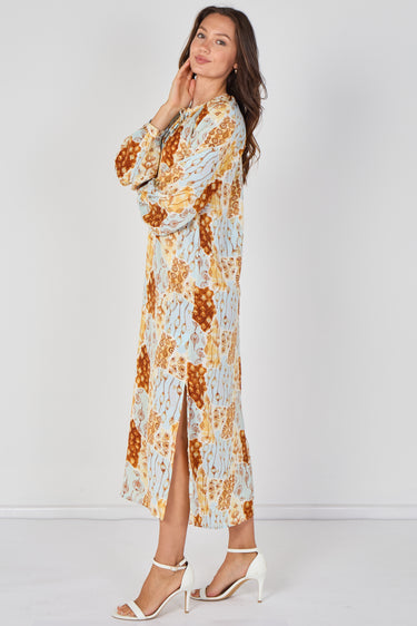 Love Sunshine Blue and Rust Moroccan Print Maxi Dress Dresses Garden Party Dress Holiday Dress Leopard Print Dress Long Sleeve Dress LS-2512 Wedding Guest Dress
