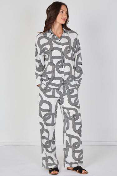 Love Sunshine White and Black Geo Print Shirt and Trouser Co-ord Set Co ord sets LS-2268&2508 Shirts trousers