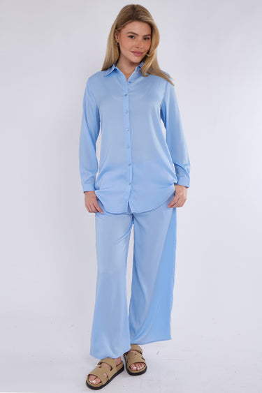Love Sunshine Baby Blue Satin Co-ord Shirt and Trousers Set auto-20 Co ord sets LS-5002 LS-9057