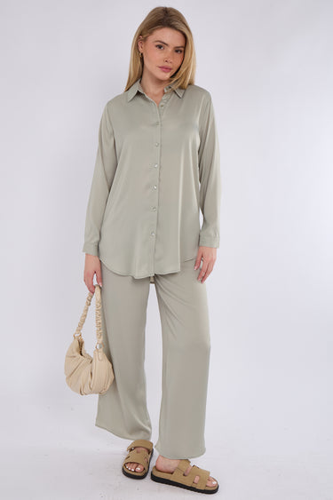 Dusty Mint Satin Co-ord Shirt and Trousers Set