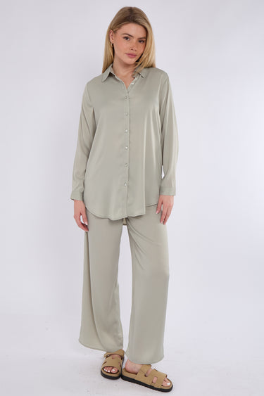 Dusty Mint Satin Co-ord Shirt and Trousers Set