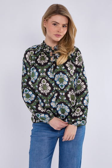 Black Baroque Floral Print Tie Lace Satin Blouse