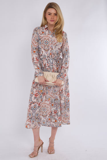 Orange Paisley Floral Print Midaxi Chiffon Shirt Dress