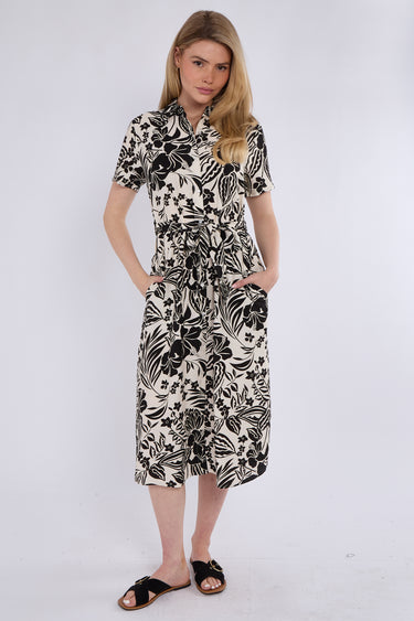 Black Paisley Floral Print Short Sleeve Midi Shirt Dress