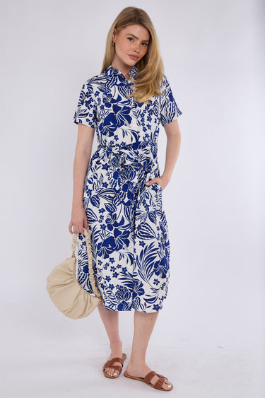 Blue Paisley Floral Print Short Sleeve Midi Shirt Dress