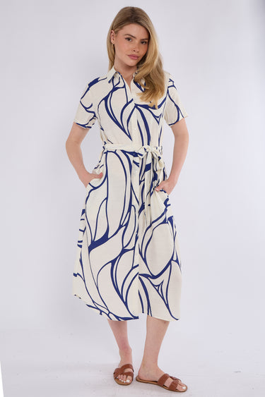 Blue Graphic Wave Print Short Sleeve Midi Shirt Dress