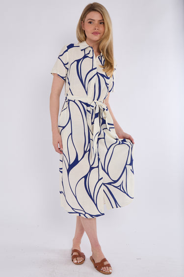 Blue Graphic Wave Print Short Sleeve Midi Shirt Dress