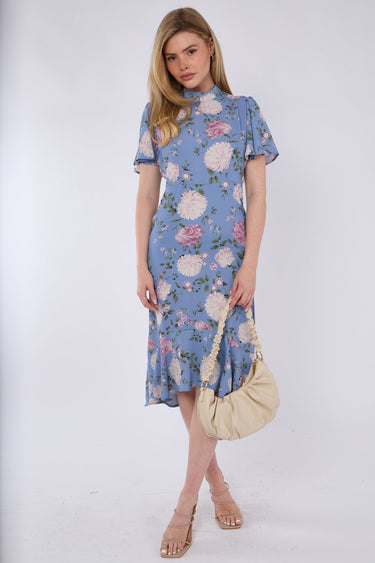 Blue Peony Flutter Sleeve Midi Tea Dress