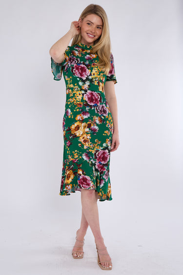 Green Floral Print Flutter Sleeve Midi Tea Dress