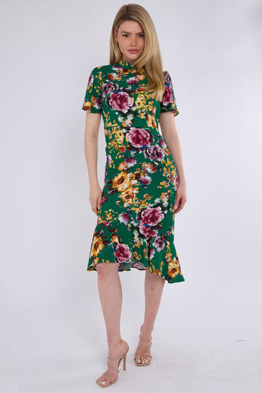 Green Floral Print Flutter Sleeve Midi Tea Dress