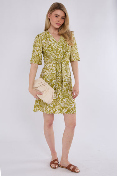 Lime Green Paisley Floral Print Knotted Mini Dress