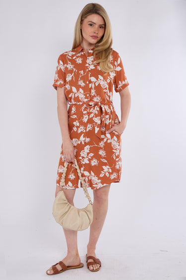 Coral Floral Print Short Sleeve Mini Shirt Dress