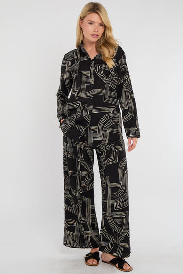Black Geometric Maze Print Co-ord Shirt and Trousers Set