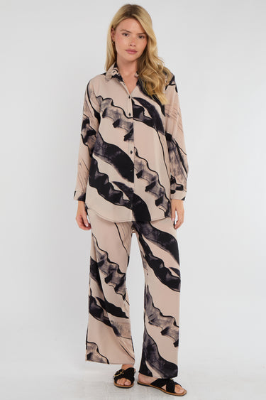 Beige Abstract Brushstroke Print Co-ord Shirt and Trousers Set