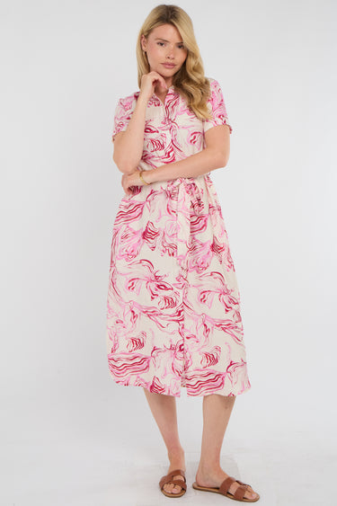 Pink Swirl Print Short Sleeve Midi Shirt Dress