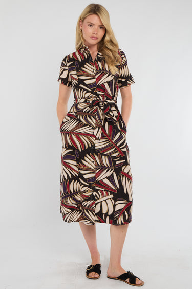 Black Bold Leaf Print Midi Shirt Dress