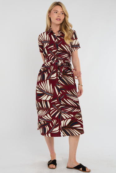 Maroon Bold Leaf Print Midi Shirt Dress