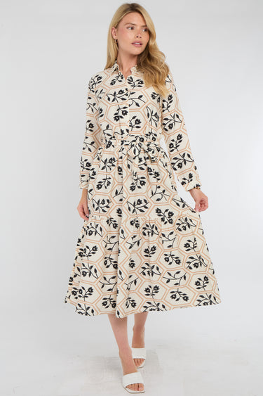 Ivory and Black Geo Floral Smock Midaxi Shirt Dress