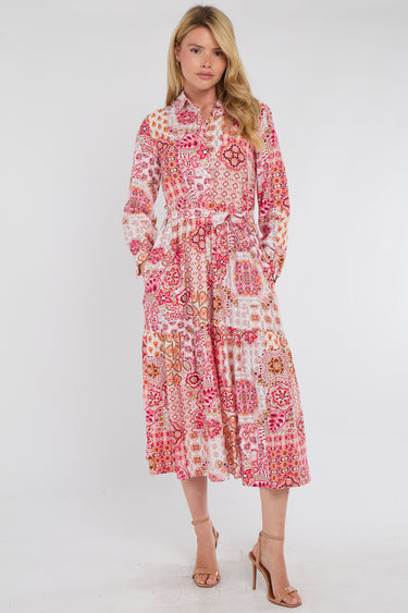 Sunset Coral Patchwork Print Shirt Dress