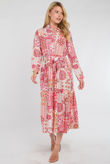 Sunset Coral Patchwork Print Shirt Dress