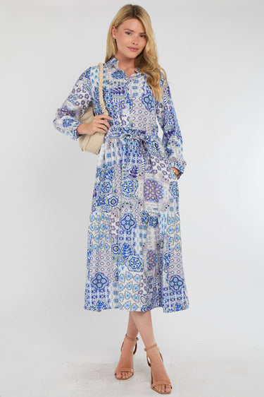 Mediterranean Blue Patchwork Print Shirt Dress