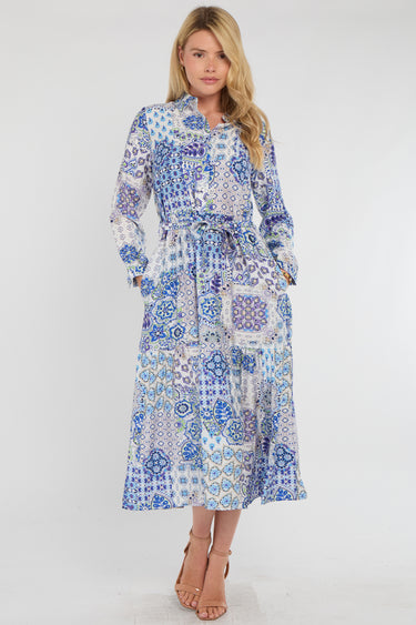 Mediterranean Blue Patchwork Print Shirt Dress
