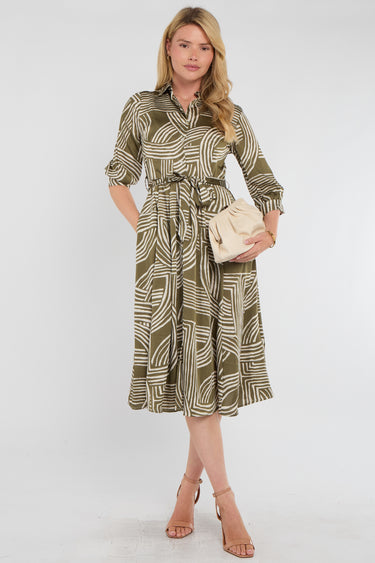 Khaki Geometric Print Half Sleeve Midi Shirt Dress