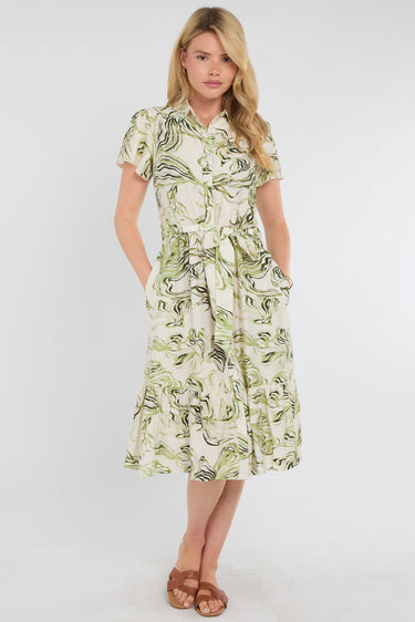 Green Swirl Print Linen-Blend Frilled Hem Midi Dress