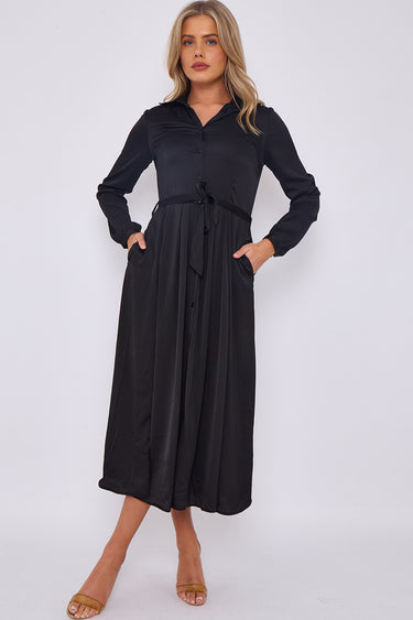 Black Layer Satin Plain Midaxi Shirt Dress