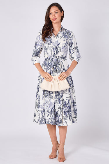 Navy Sketch Floral Half Sleeve Midi Shirt Dress