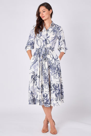 Navy Sketch Floral Half Sleeve Midi Shirt Dress