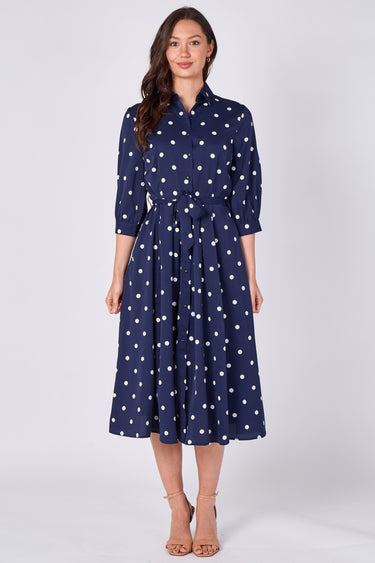 Navy Polka Dot Half Sleeve Midi Shirt Dress