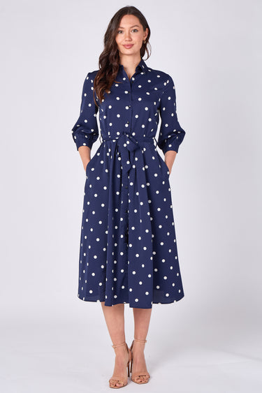 Navy Polka Dot Half Sleeve Midi Shirt Dress