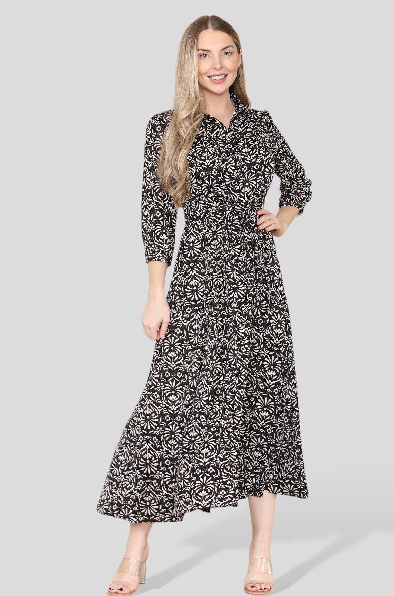 Love Sunshine Black Floral Pattern Print Maxi Shirt Dress LS-2280