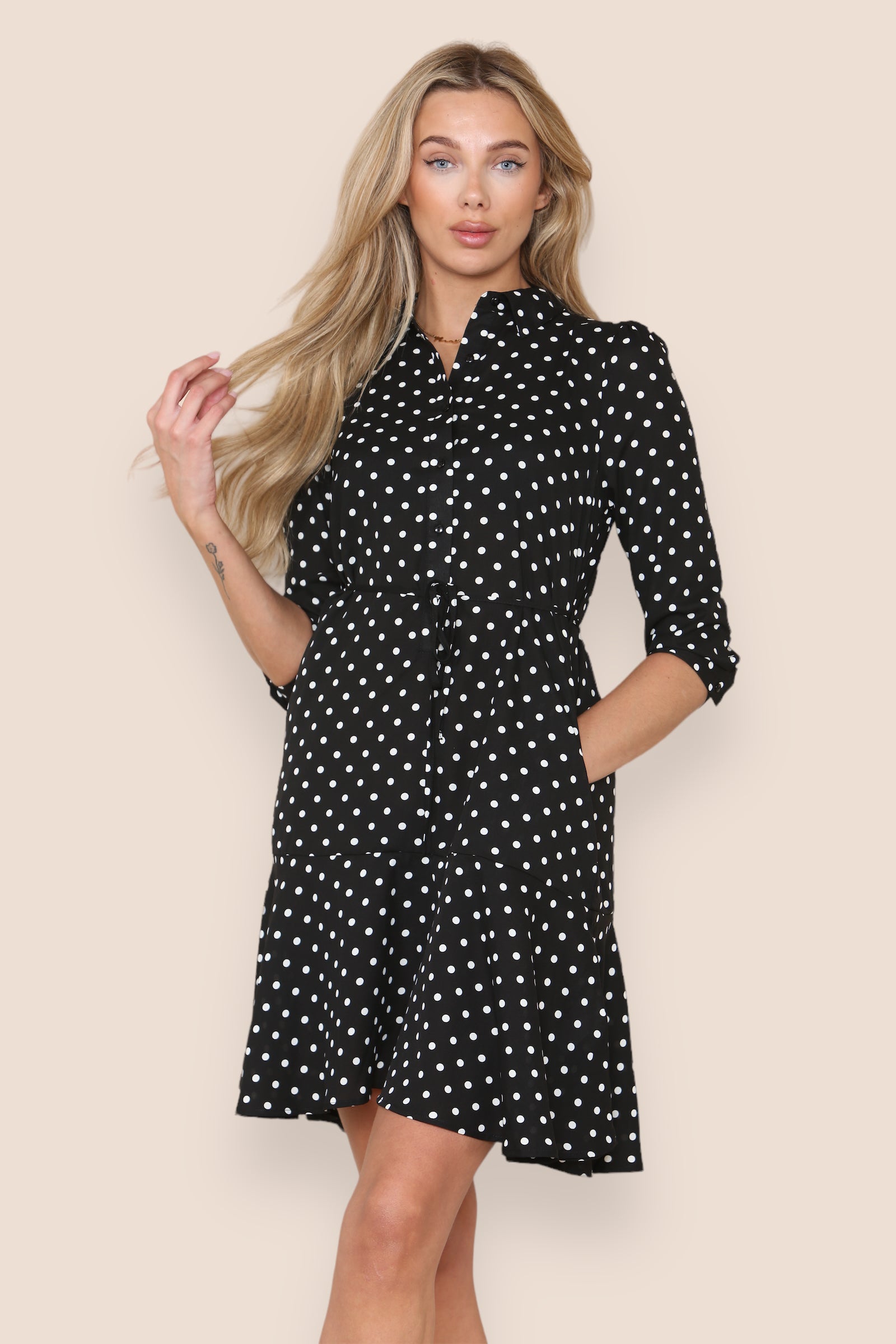 Love Sunshine Black Polka Dot Frilled Hem Mini Dress Brunch Dress Casual Dress Dress with Pockets Everyday Dress Garden Party Dress LS-2319 Summer Dress Tea Dress