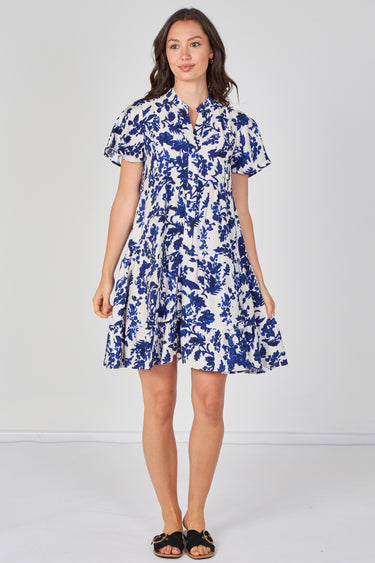 Blue Floral Print Tiered Mini Dress