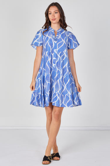 Blue Leaf Pattern Print Tiered Mini Dress