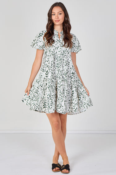 Sage Green Leaf Print Tiered Mini Dress